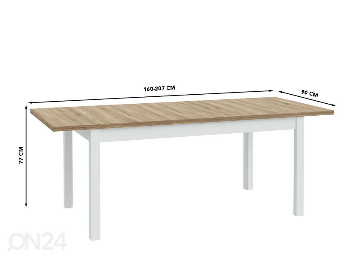 Jatkettava ruokapöytä 90x160/207 cm kuvasuurennos mitat