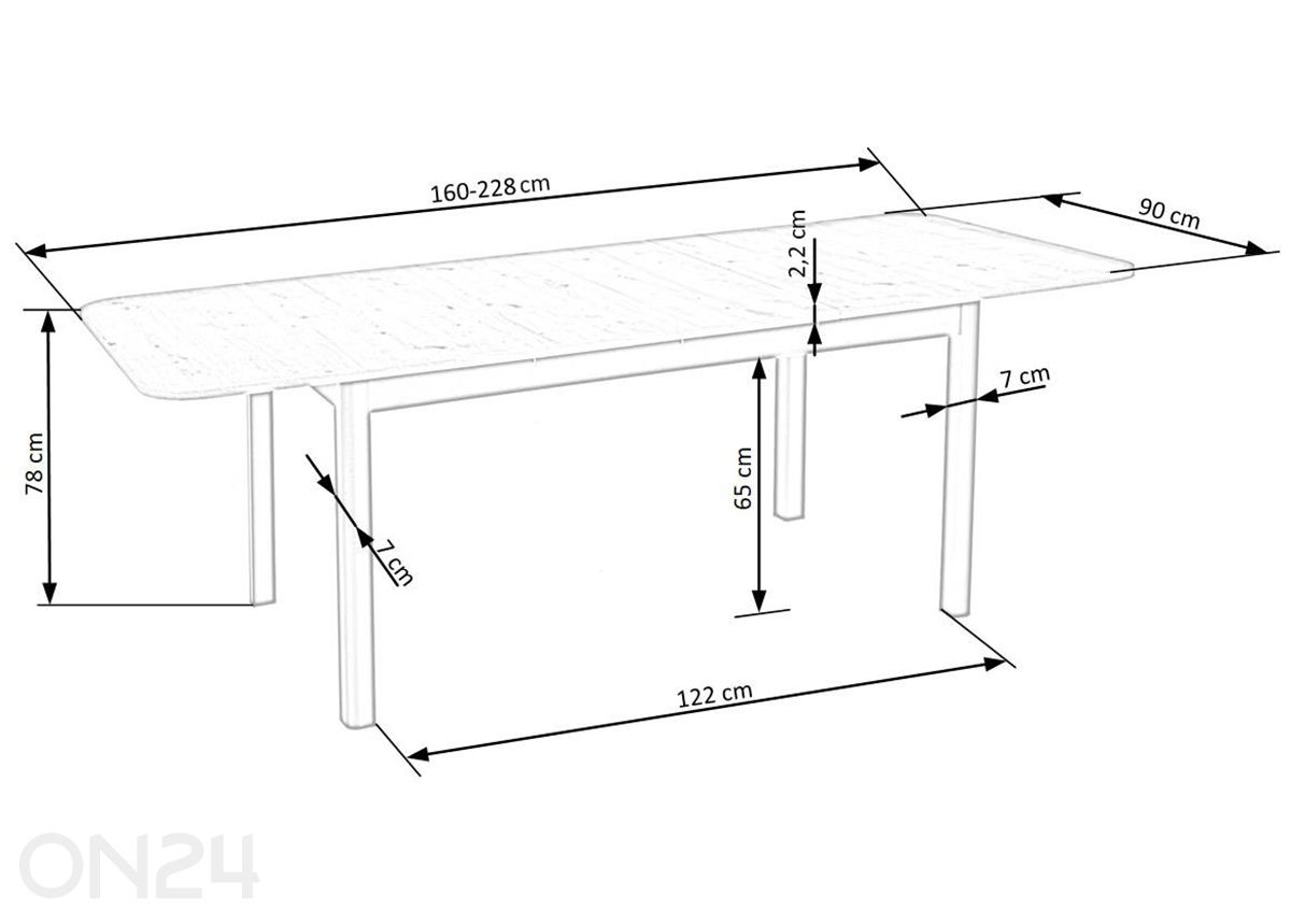 Jatkettava ruokapöytä 90x160/228 cm kuvasuurennos mitat