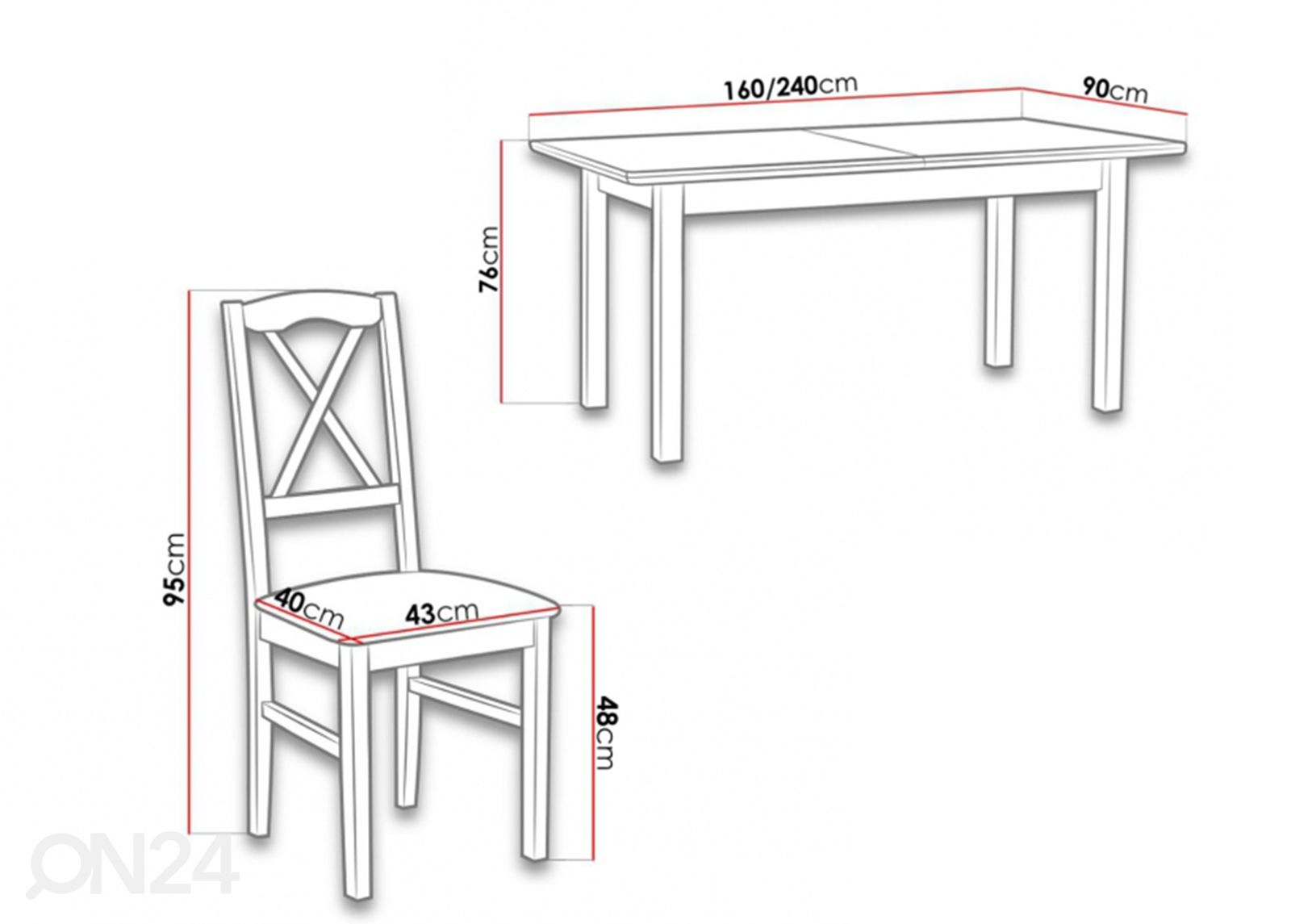 Jatkettava ruokapöytä 90x160-240 cm + 6 tuolia kuvasuurennos mitat