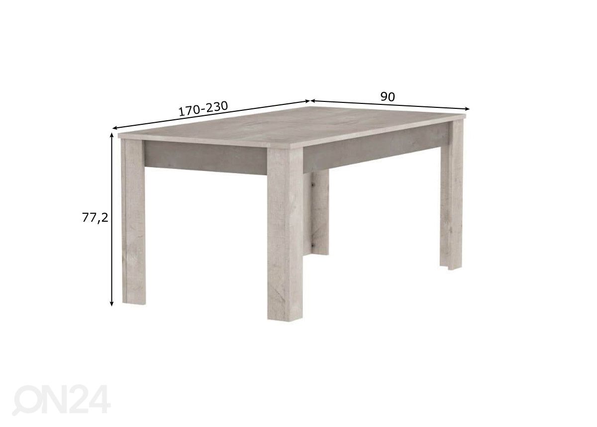 Jatkettava ruokapöytä Antibes 170/230x90 cm kuvasuurennos mitat