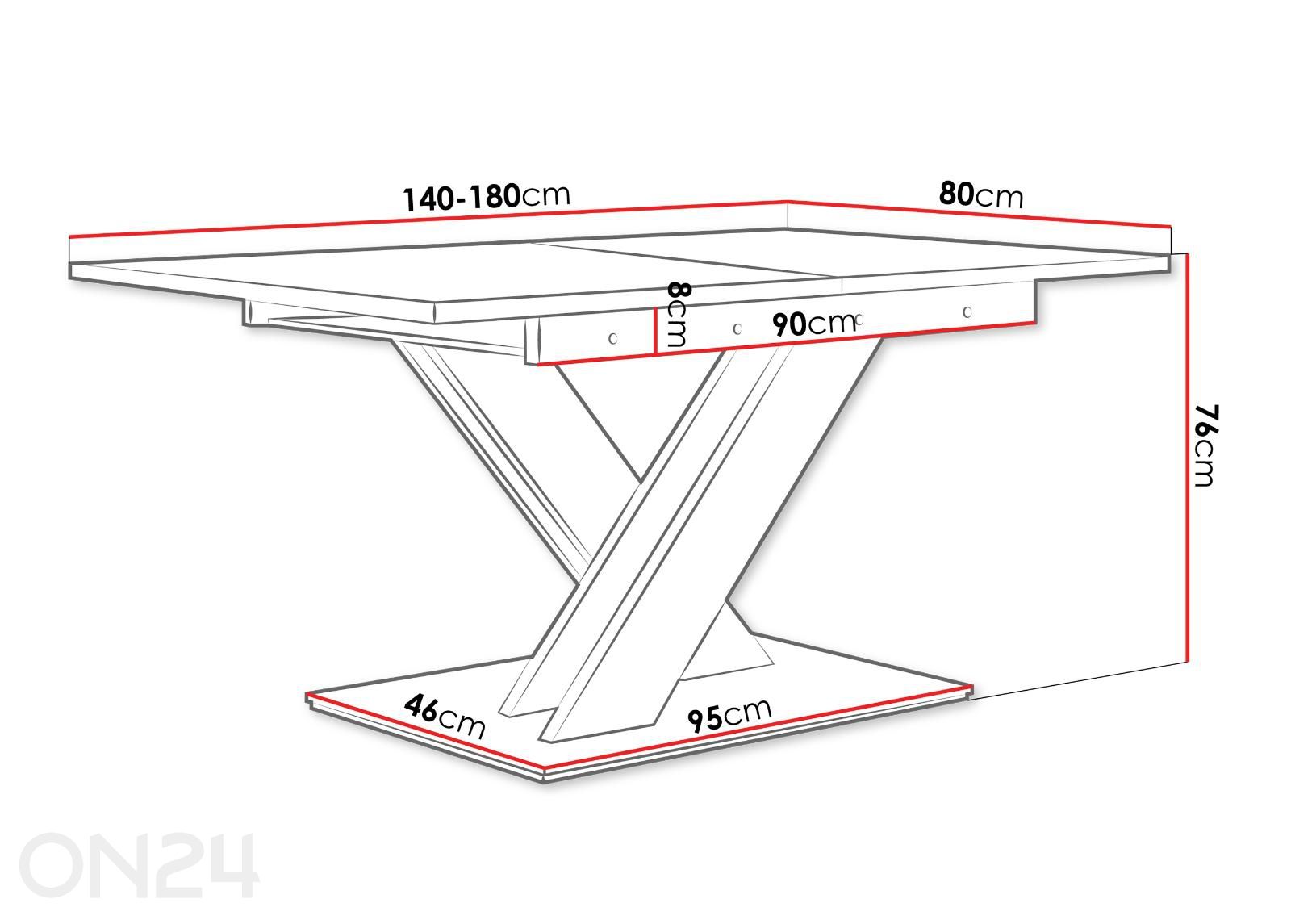 Jatkettava ruokapöytä Bronx 80x140/180 cm kuvasuurennos mitat