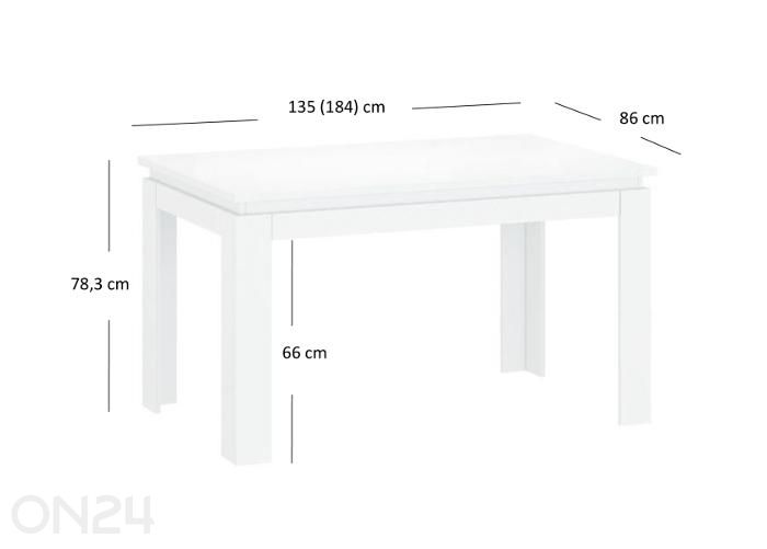 Jatkettava ruokapöytä Lingo 86x135/184 cm kuvasuurennos mitat