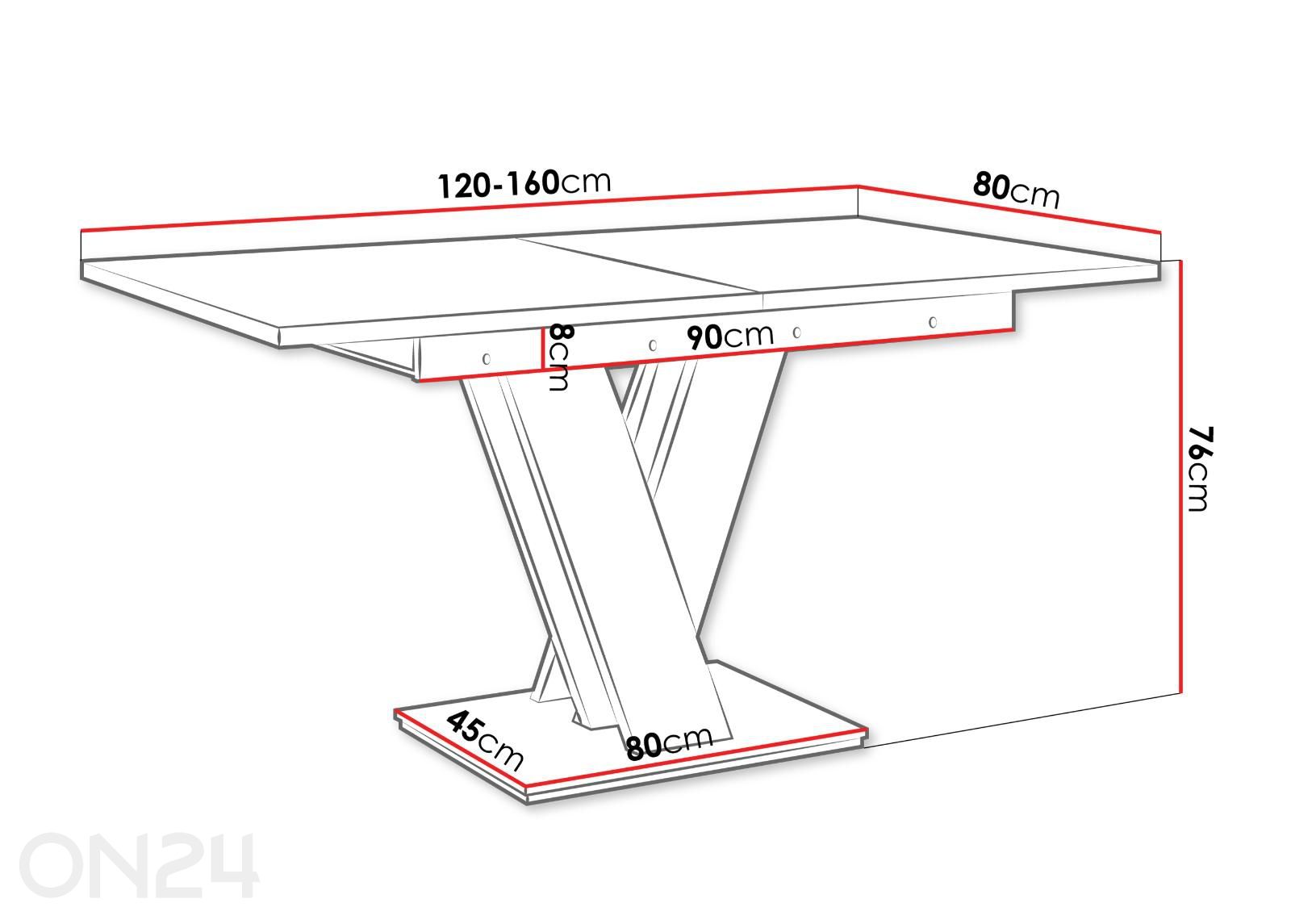 Jatkettava ruokapöytä Mas 80x120/160 cm kuvasuurennos mitat