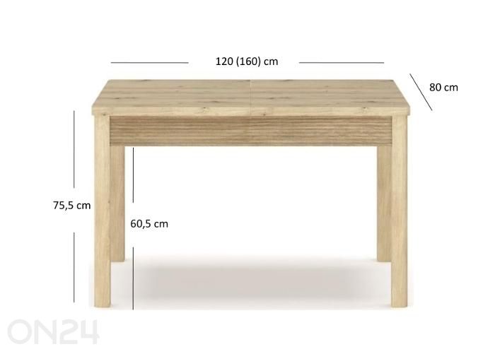 Jatkettava ruokapöytä Moris 80x120/160 cm kuvasuurennos mitat