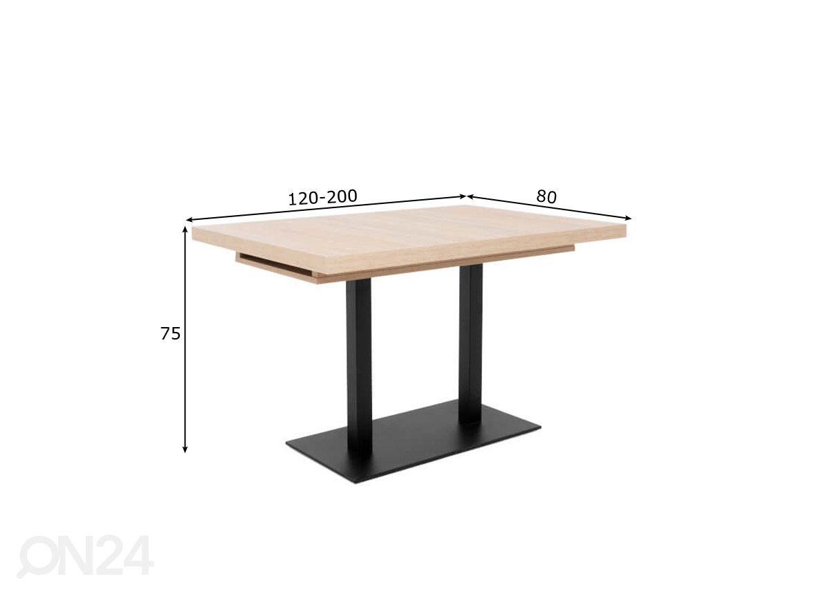 Jatkettava ruokapöytä Quadrato 120/200x80 cm kuvasuurennos mitat