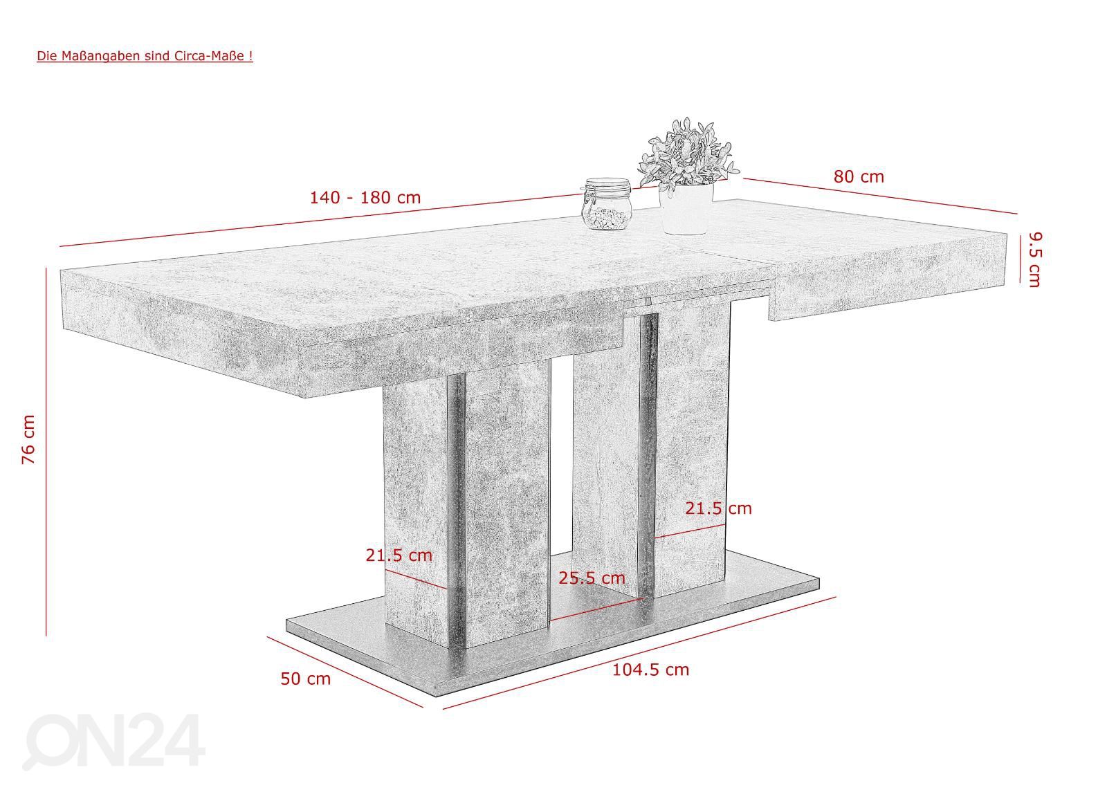 Jatkettava ruokapöytä Rose 80x140-180 cm kuvasuurennos mitat