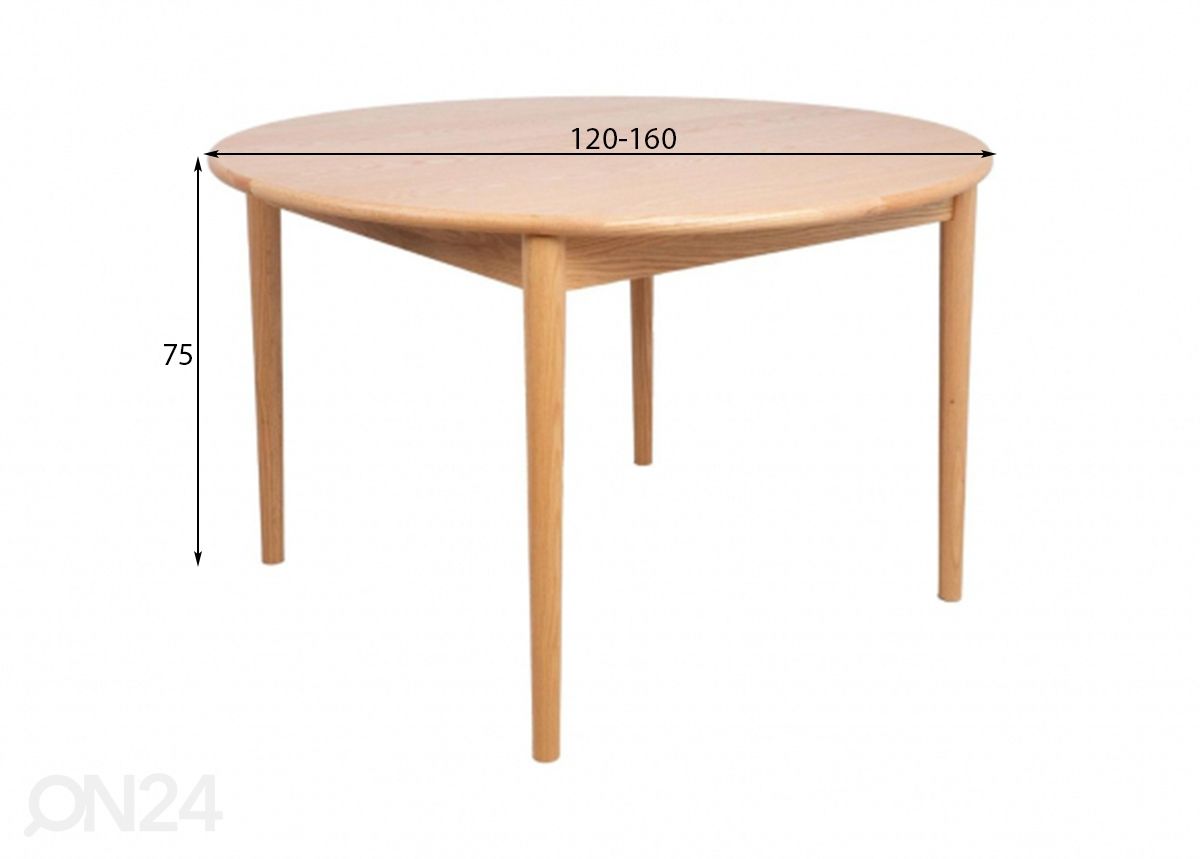 Jatkettava ruokapöytä Troyes Ø 120-160 cm kuvasuurennos mitat