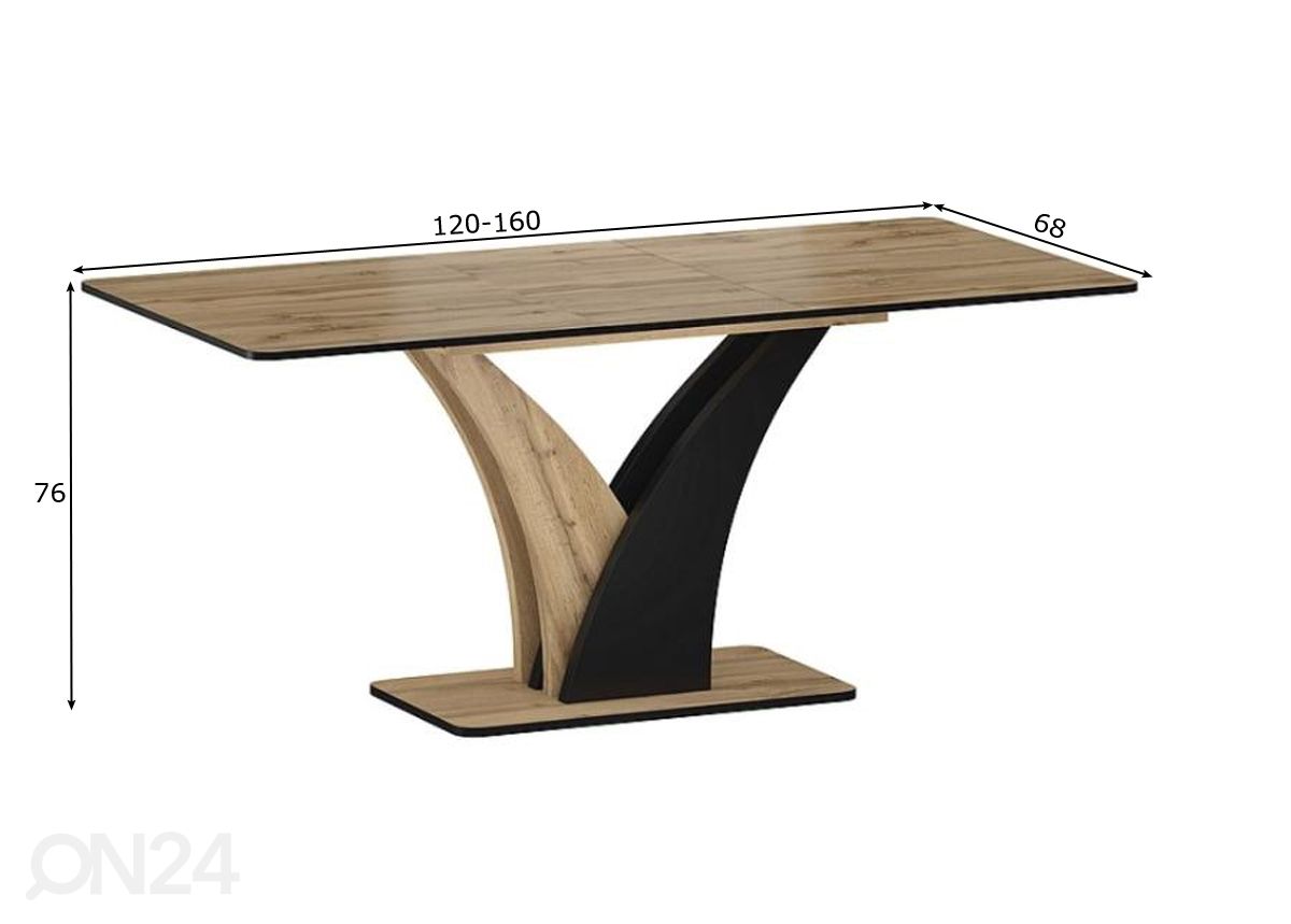Jatkettava ruokapöytä Wind 120-160x68 cm kuvasuurennos mitat