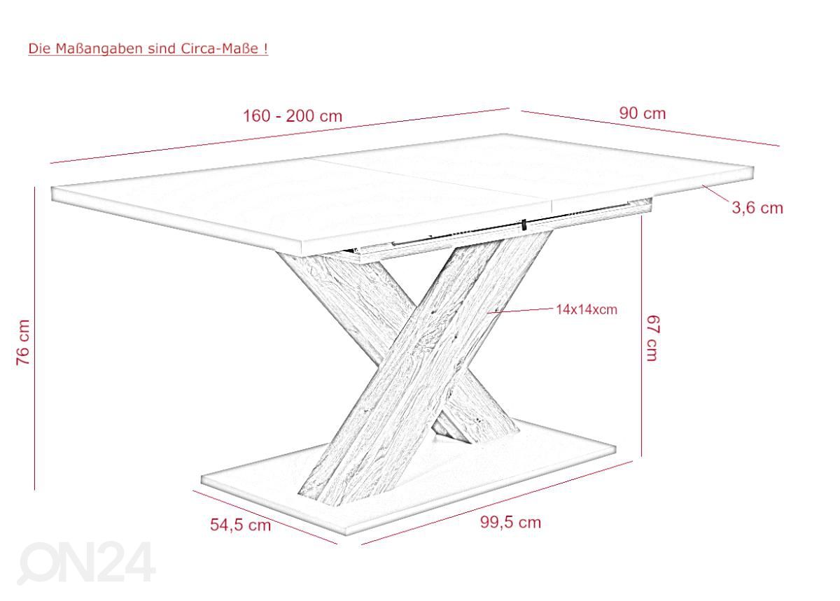 Jatkettava ruokapöytä Xena I 90x160-200 cm kuvasuurennos mitat