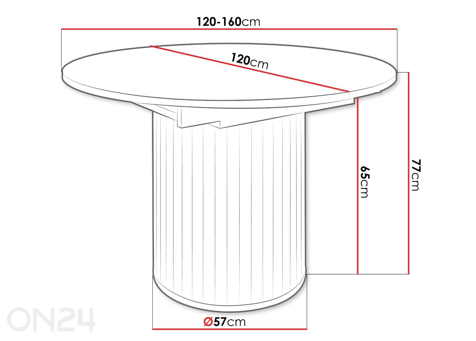 Jatkettava ruokapöytä Zante 120x120/160 cm kuvasuurennos mitat