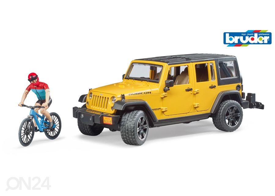 Jeep Wrangler Rubicon ja pyöräilijä1:16 Bruder kuvasuurennos
