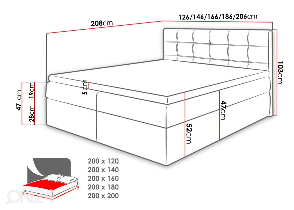 Jenkkisänky tummanharmaa kangas 200x200 cm kuvasuurennos mitat