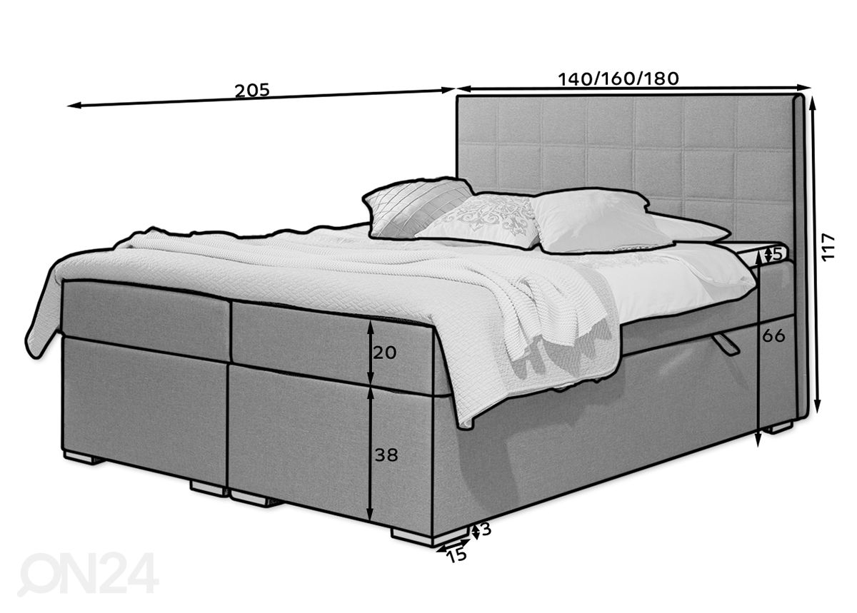 Jenkkisänky vuodevaatelaatikolla Chester 160x200 kuvasuurennos mitat