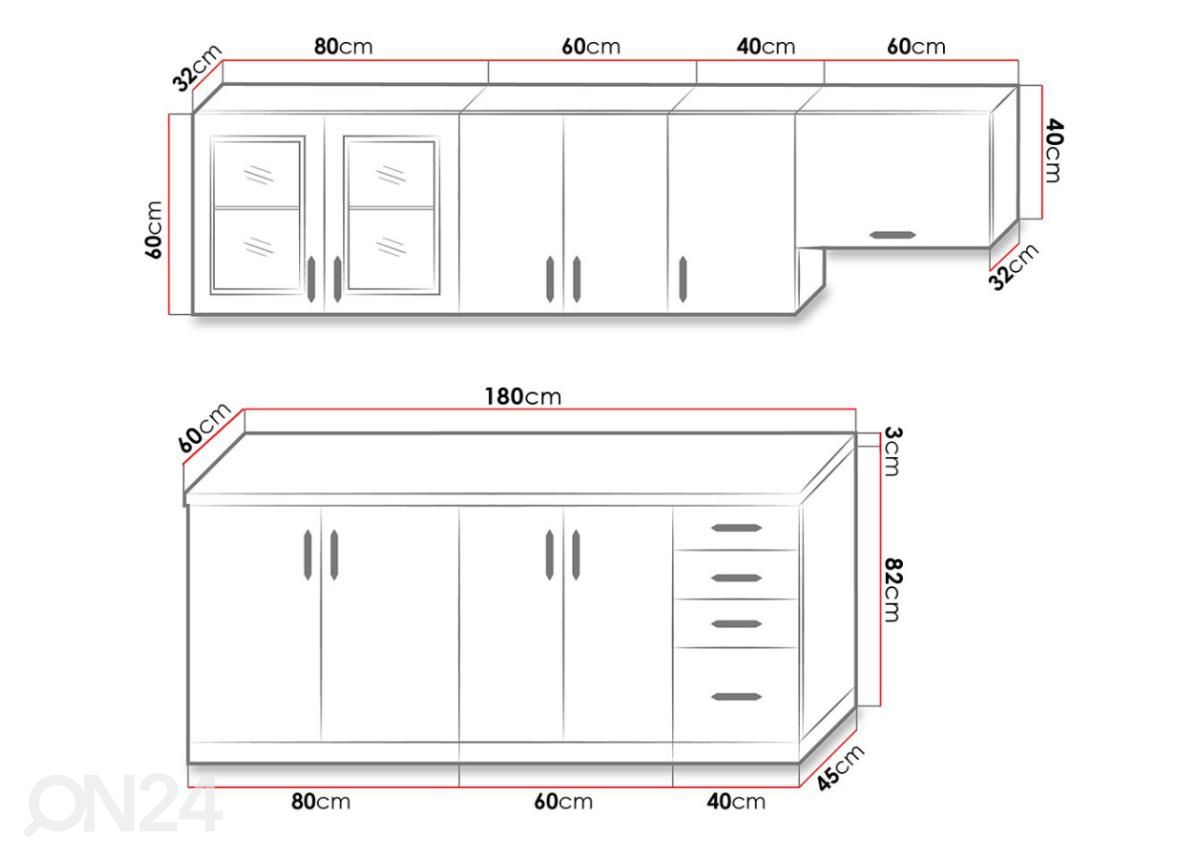 Keittiö Eliza 240 cm kuvasuurennos mitat