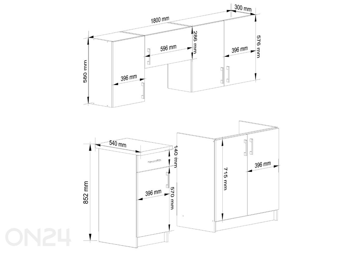 Keittiökalusteet 180 cm kuvasuurennos mitat