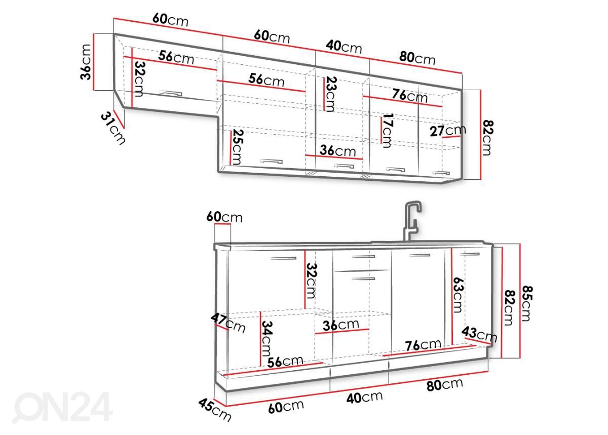 Keittiökalusteet 240 cm kuvasuurennos mitat