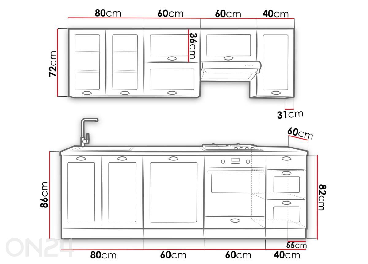 Keittiökalusteet Adeele 240 cm + LED kuvasuurennos mitat
