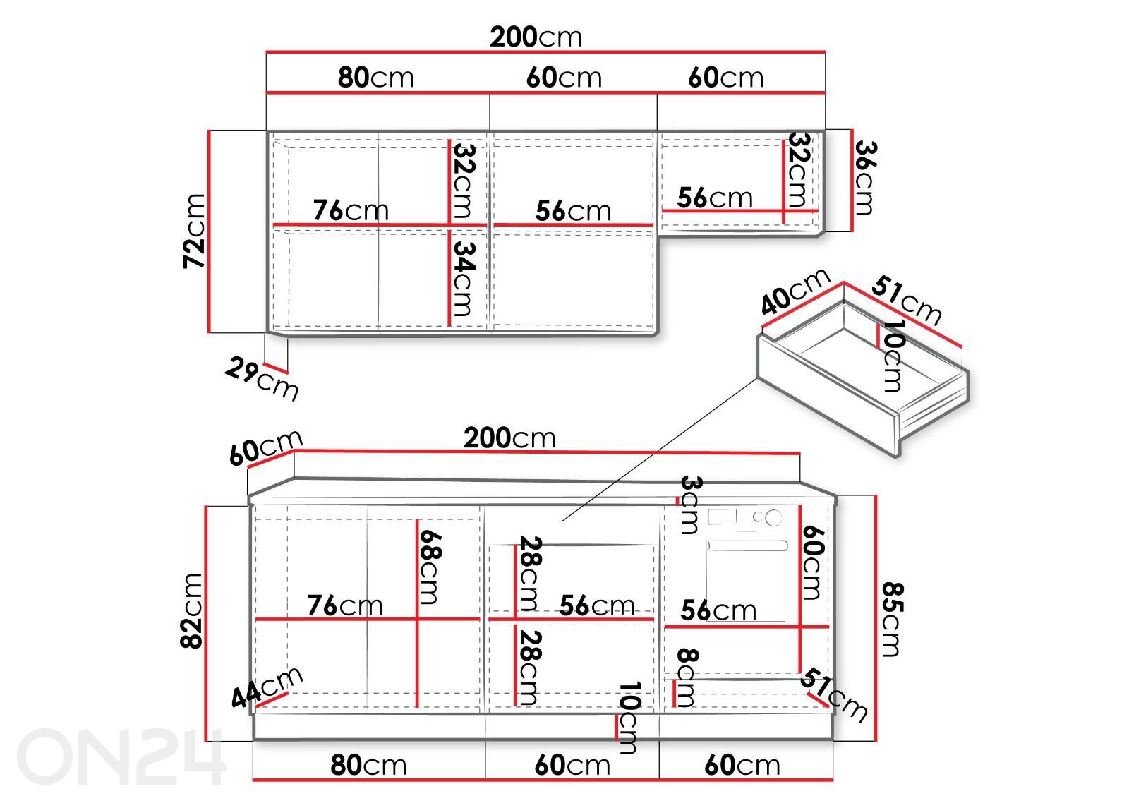 Keittiökalusteet Annika 200 cm + LED kuvasuurennos mitat