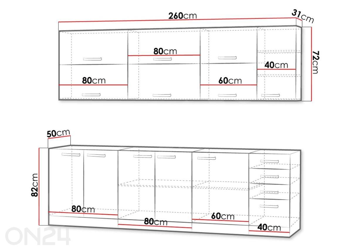 Keittiökalusteet Karmen 260 cm kuvasuurennos mitat