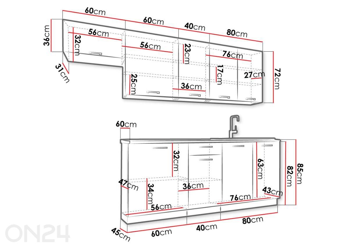 Keittiökalusteet Klara 240 cm + LED kuvasuurennos mitat