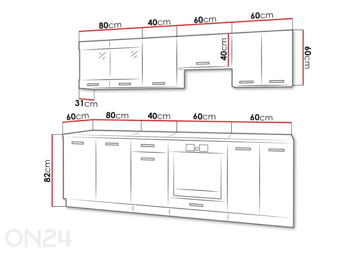 Keittiökalusteet Omega I 240 cm kuvasuurennos mitat
