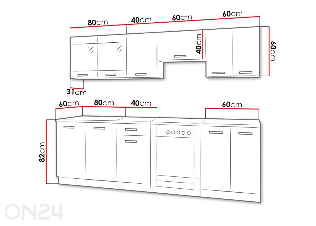 Keittiökalusteet Omega II 240 cm + LED kuvasuurennos mitat