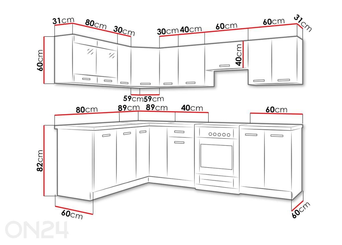 Keittiökalusteet Omega III + LED kuvasuurennos mitat