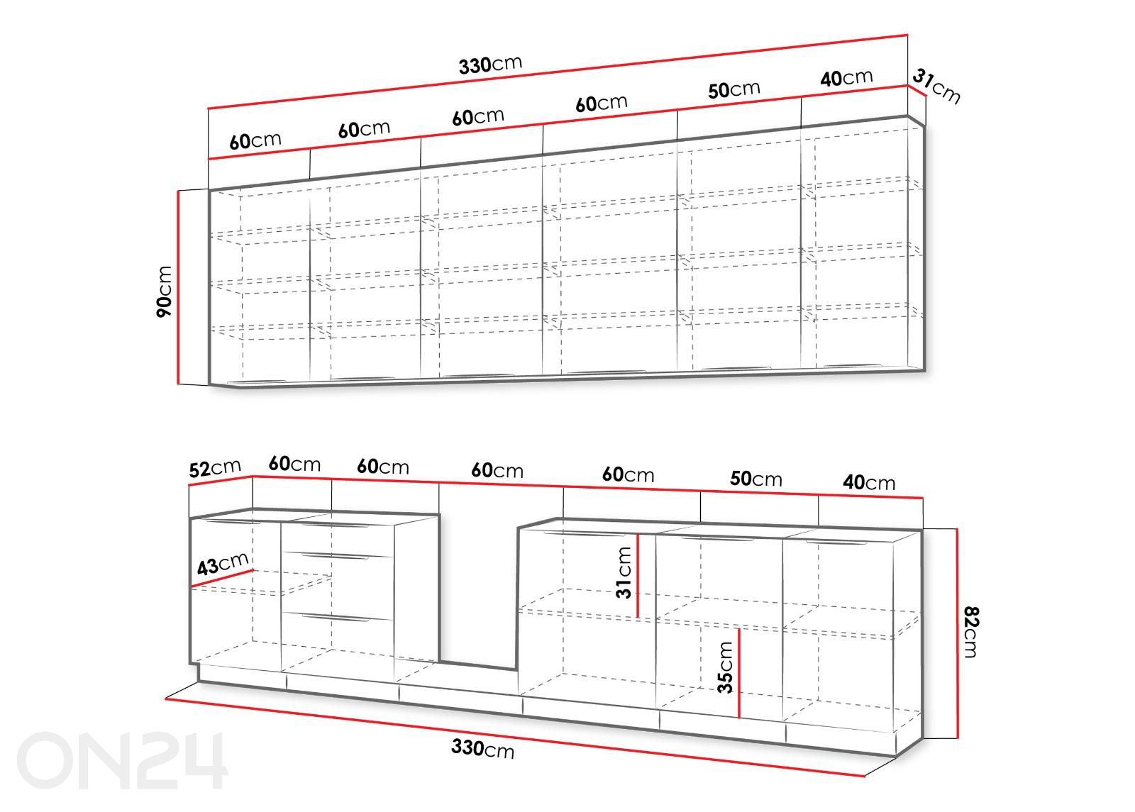 Keittiökalusteet Solea II 330 cm + LED kuvasuurennos mitat