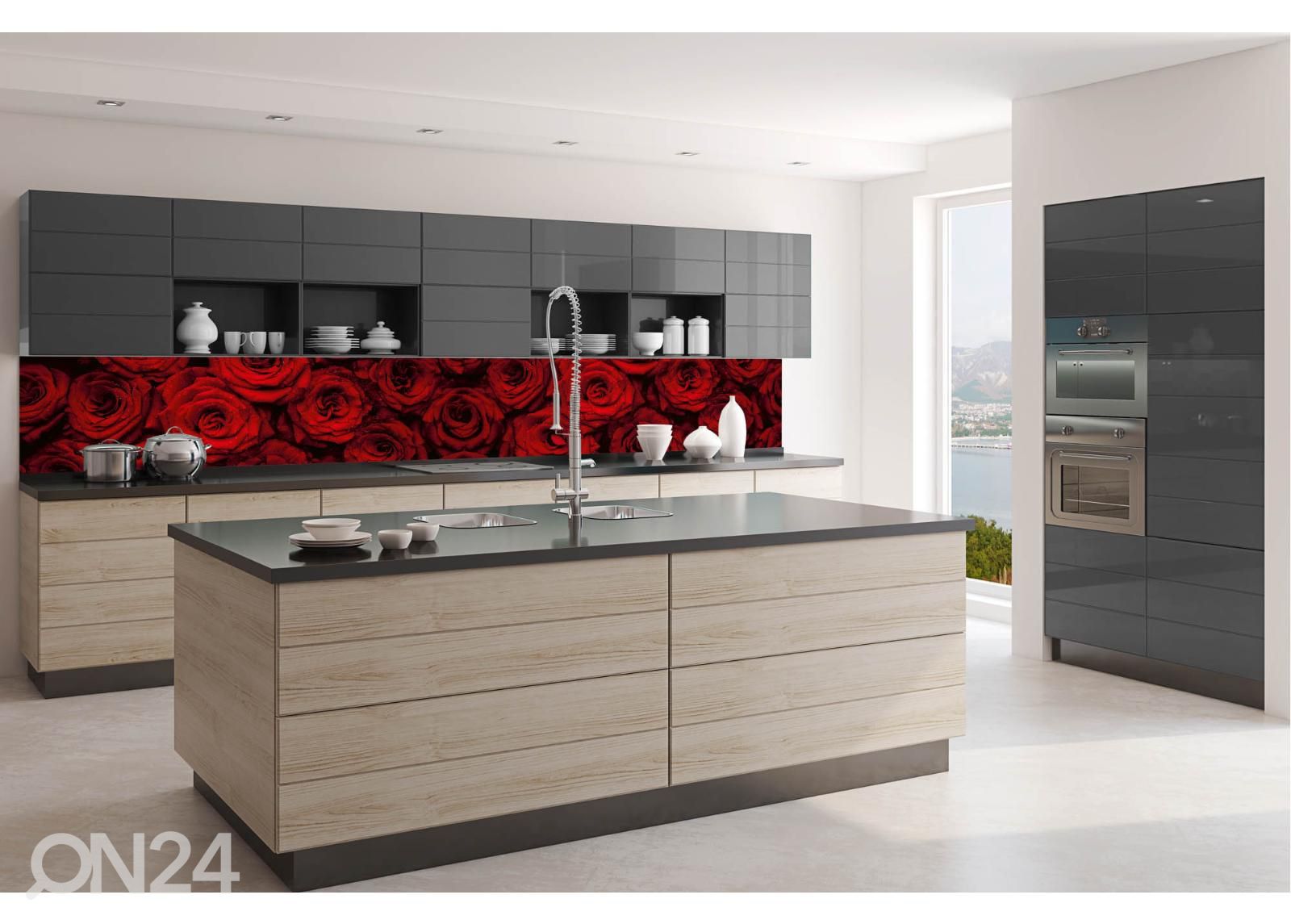 Keittiön välitilan tapetti Beautiful Red Roses 180x60 cm kuvasuurennos