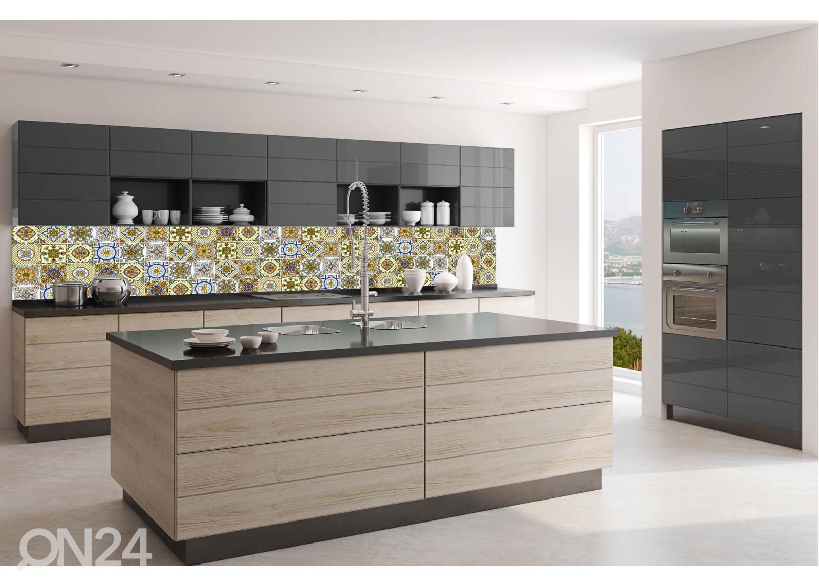Keittiön välitilan tapetti Ornamental Tiles Yellow 180x60 cm kuvasuurennos
