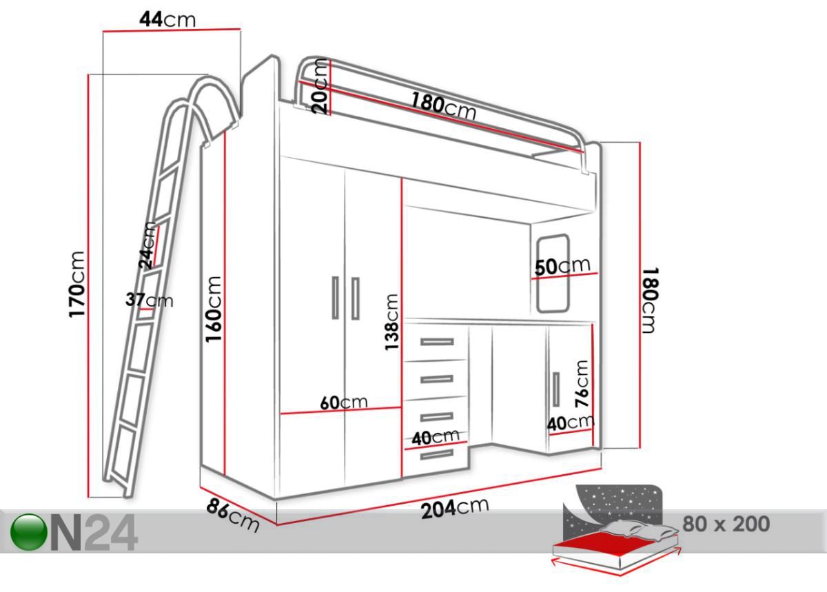 Kerrossänky pöydällä Raj IV D 80x200 cm kuvasuurennos mitat