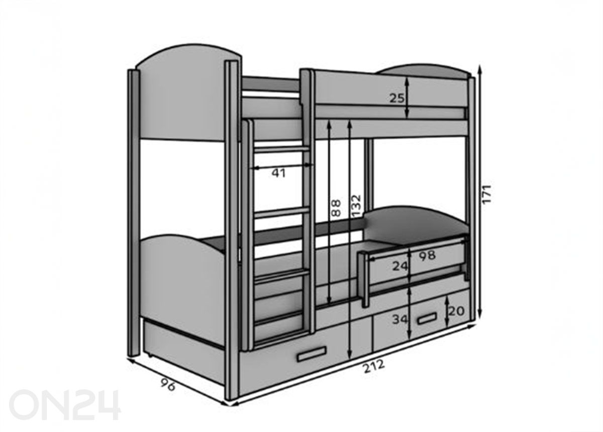 Kerrossänky turvalaidalla Jori 90x200 cm kuvasuurennos mitat