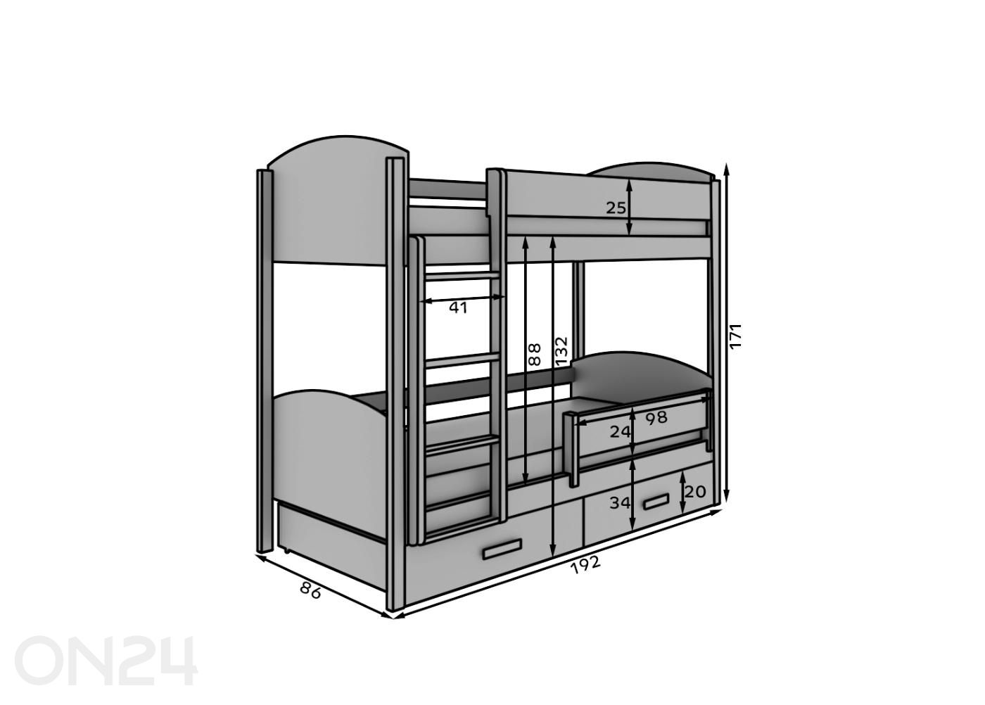 Kerrossänkysetti Jori patjoilla ja turvakaiteella 80x180 cm kuvasuurennos mitat