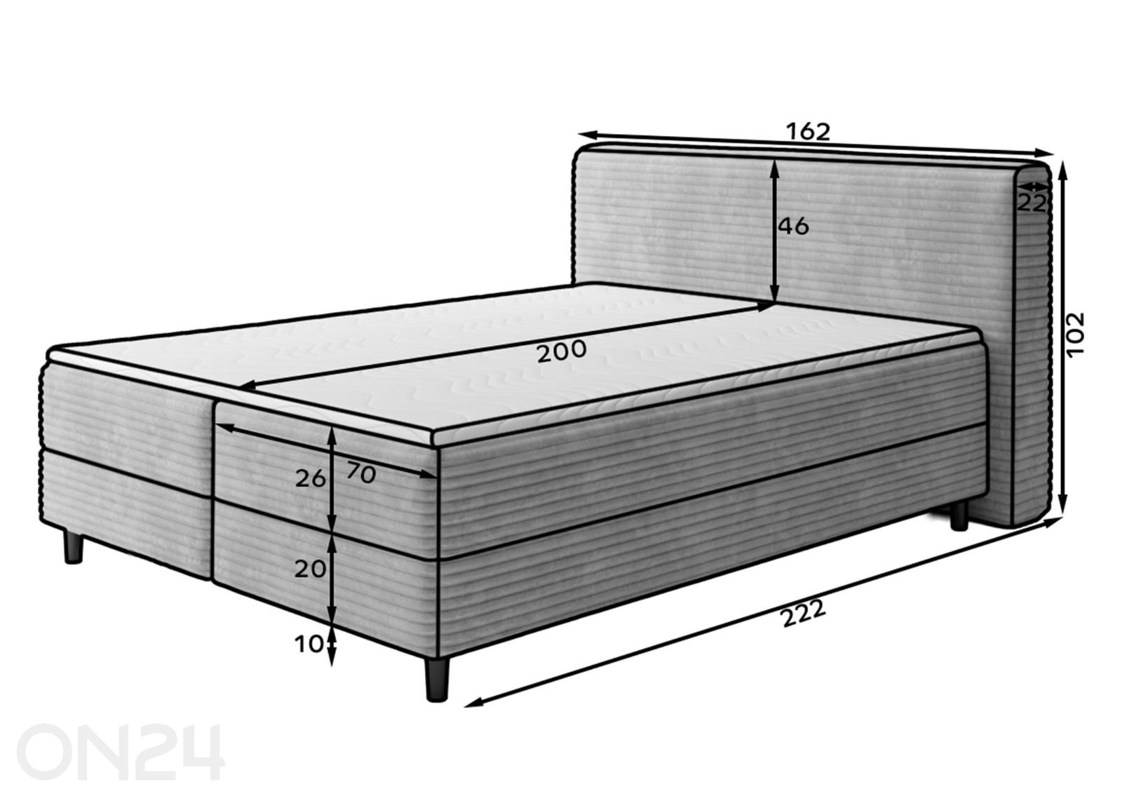 Kontinenttisänky säilytyslaatikolla Cortiko 140×200 cm kuvasuurennos mitat