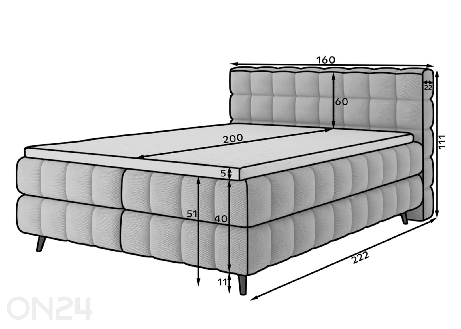Kontinenttisänky säilytyslaatikolla Sabeno 160×200 cm kuvasuurennos mitat