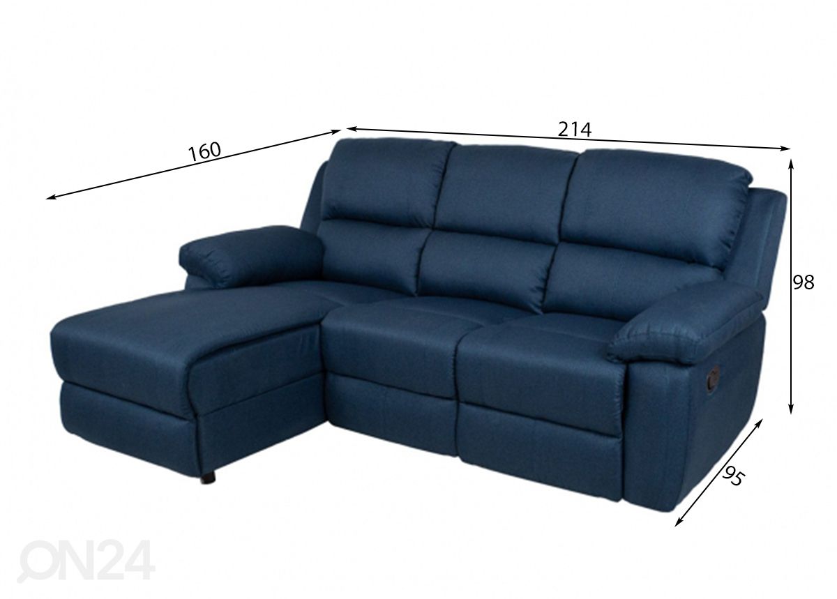 Kulmasohva Berit Recliner, vasen kulma kuvasuurennos mitat
