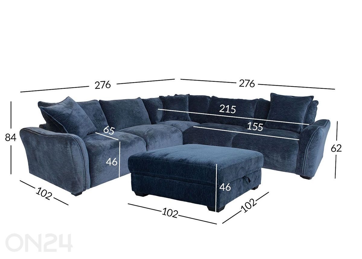 Kulmasohva ja rahit Divi kuvasuurennos mitat