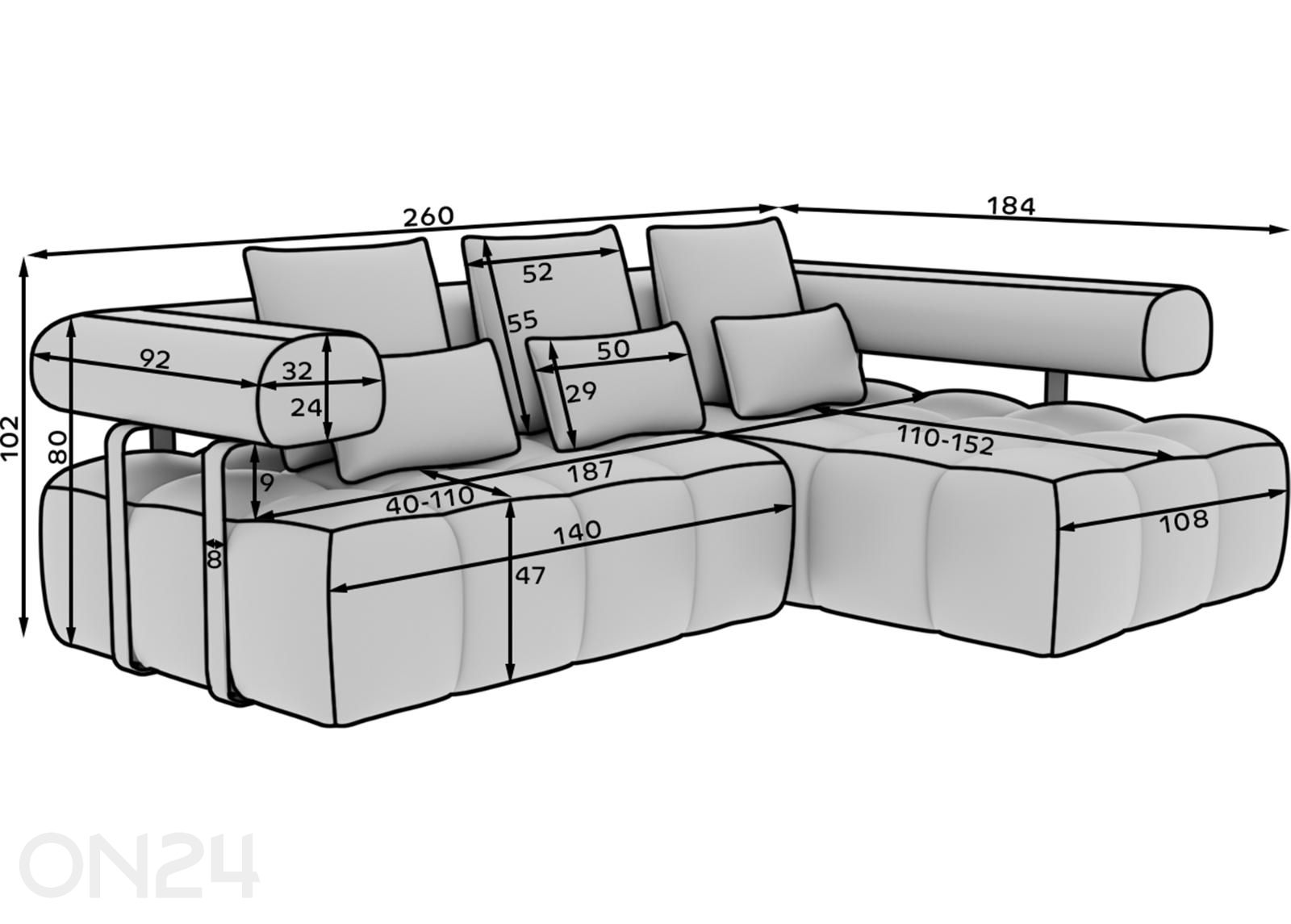Kulmasohva Levvi kuvasuurennos mitat