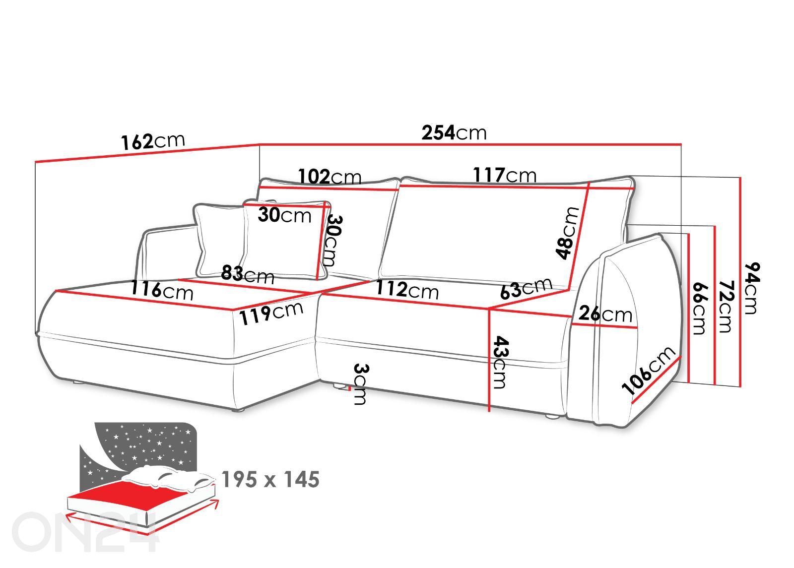 Kulmasohva Moho kuvasuurennos mitat