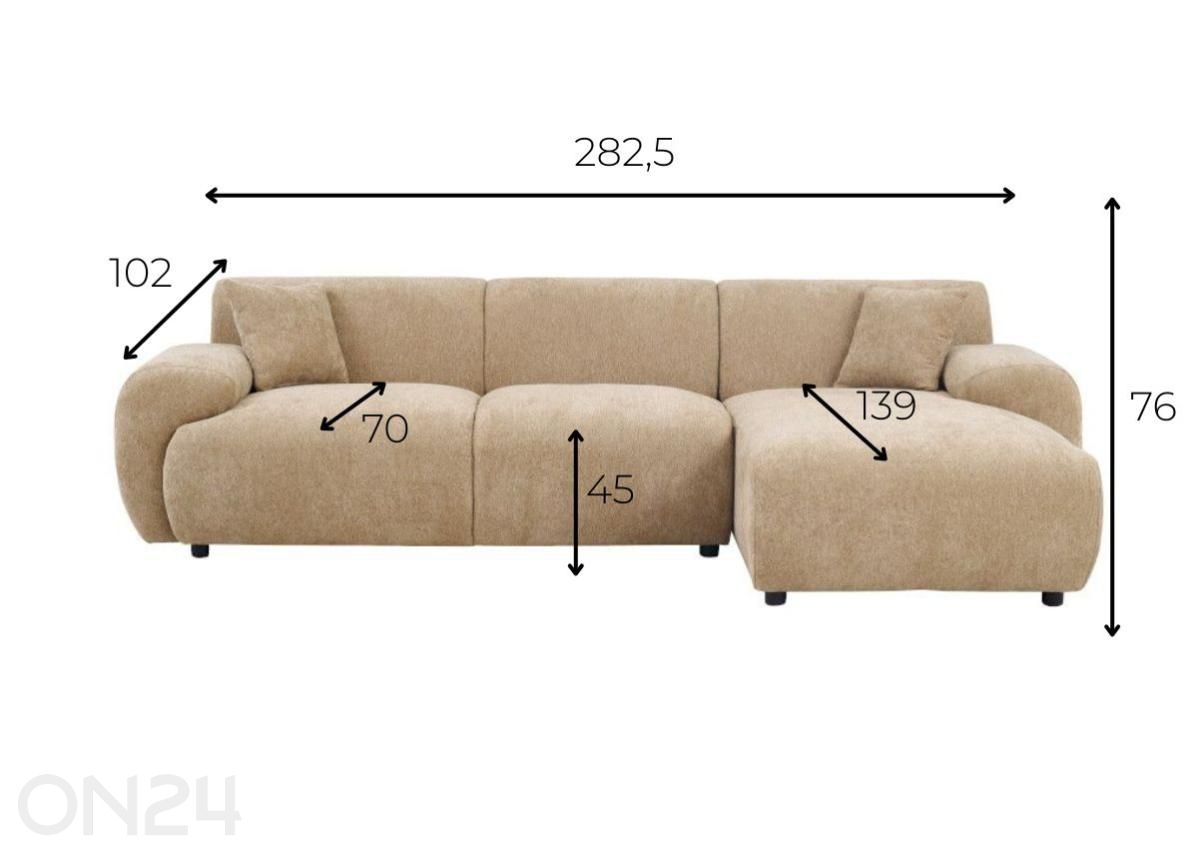 Kulmasohva Samira beige oikea kulma kuvasuurennos mitat