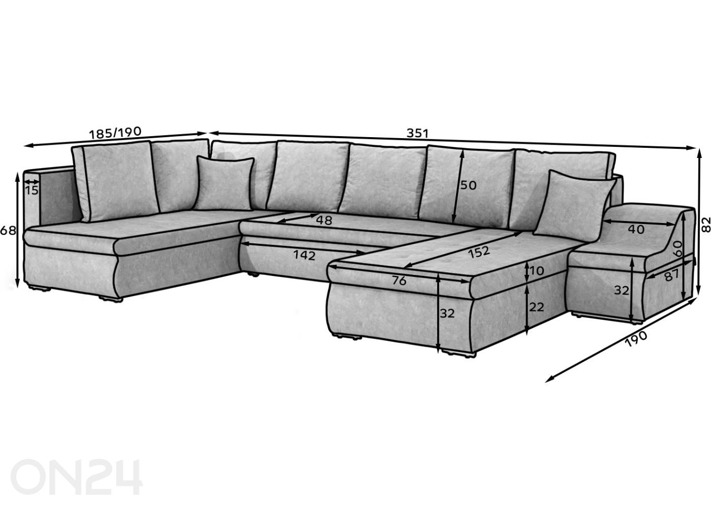 Kulmasohvasänky pesukorilla Giovanni kuvasuurennos mitat