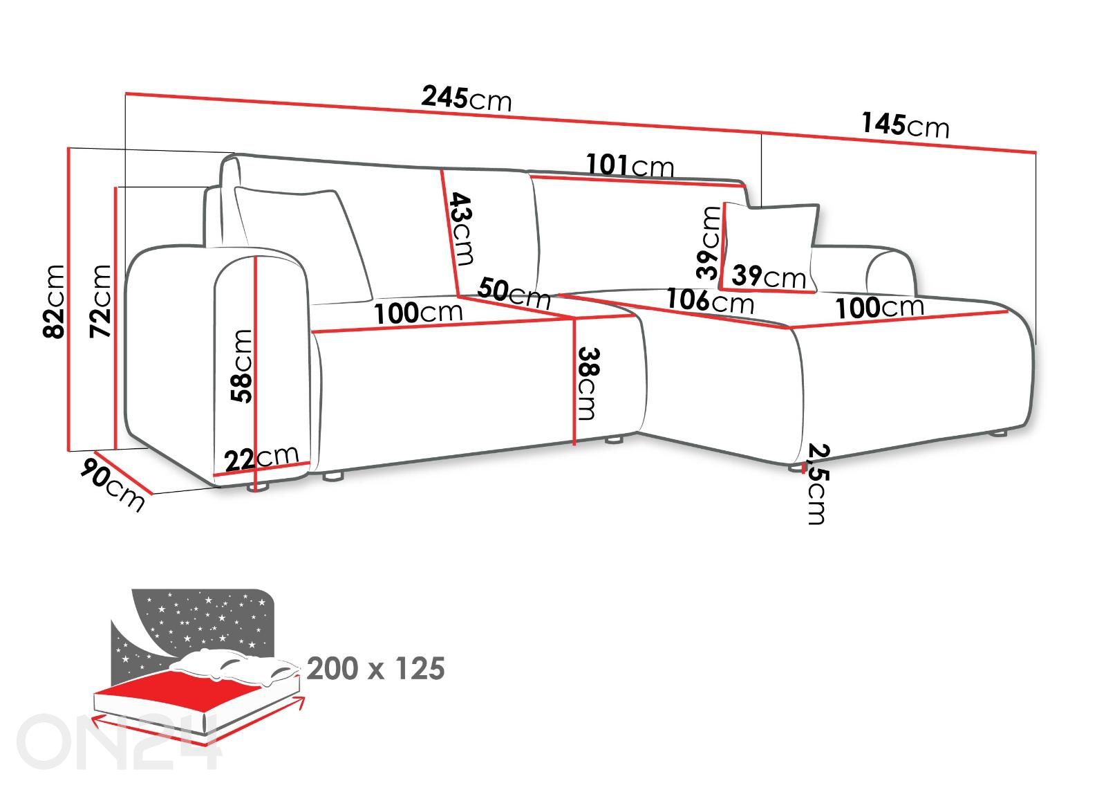 Kulmavuodesohva Floryn kuvasuurennos mitat