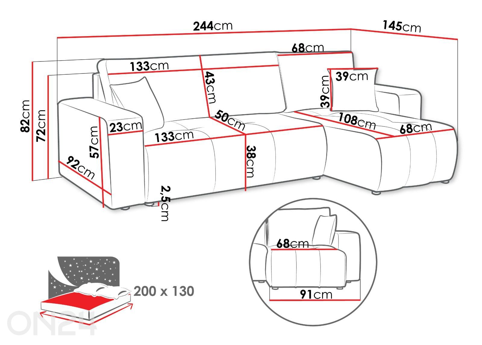 Kulmavuodesohva Furyn kuvasuurennos mitat