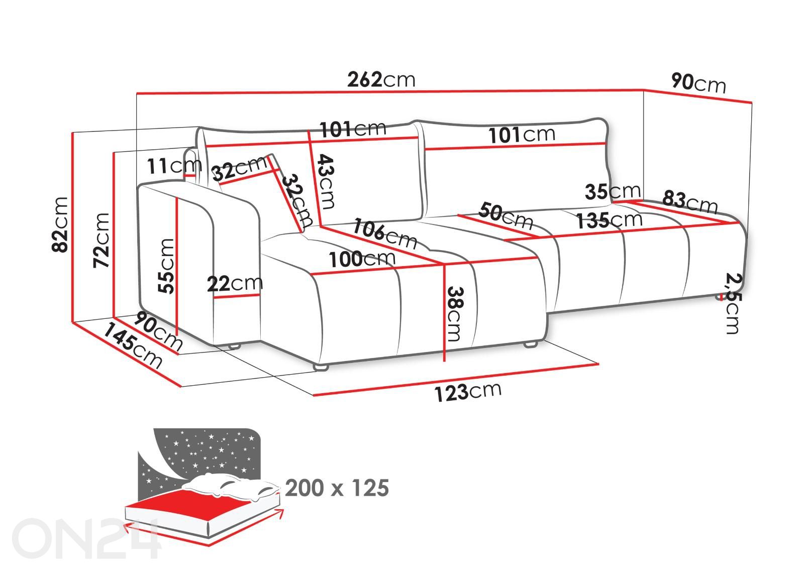Kulmavuodesohva Furyn kuvasuurennos mitat