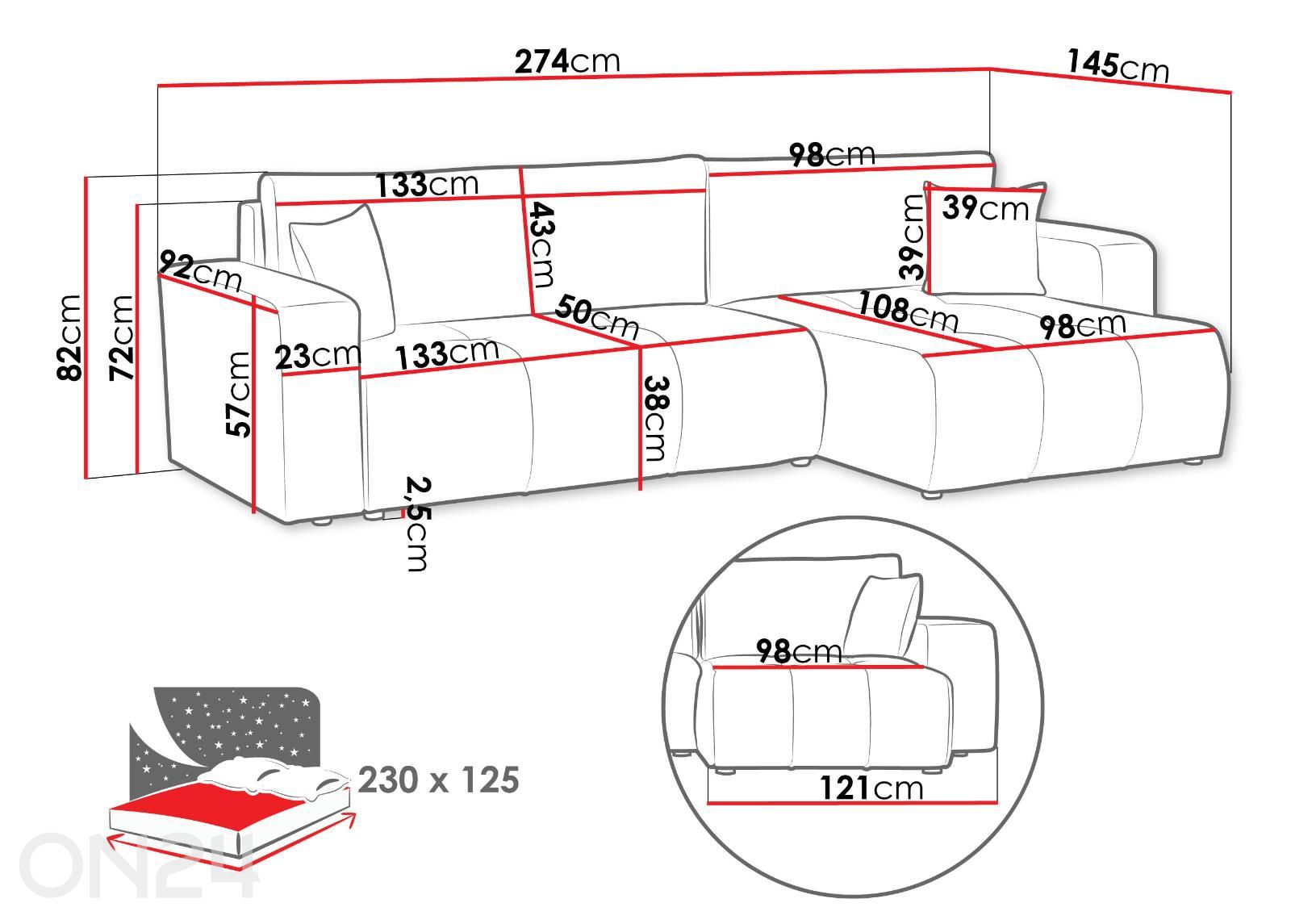 Kulmavuodesohva Furyn Maxi kuvasuurennos mitat