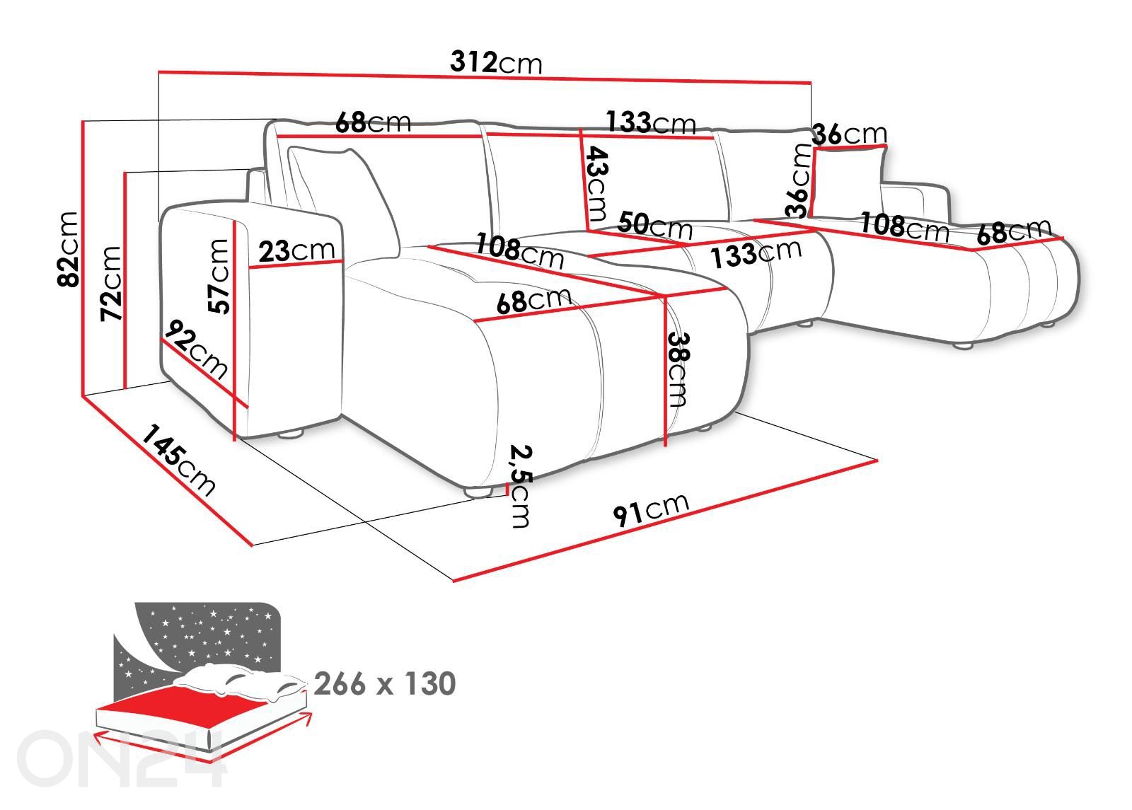 Kulmavuodesohva Furyn U kuvasuurennos mitat