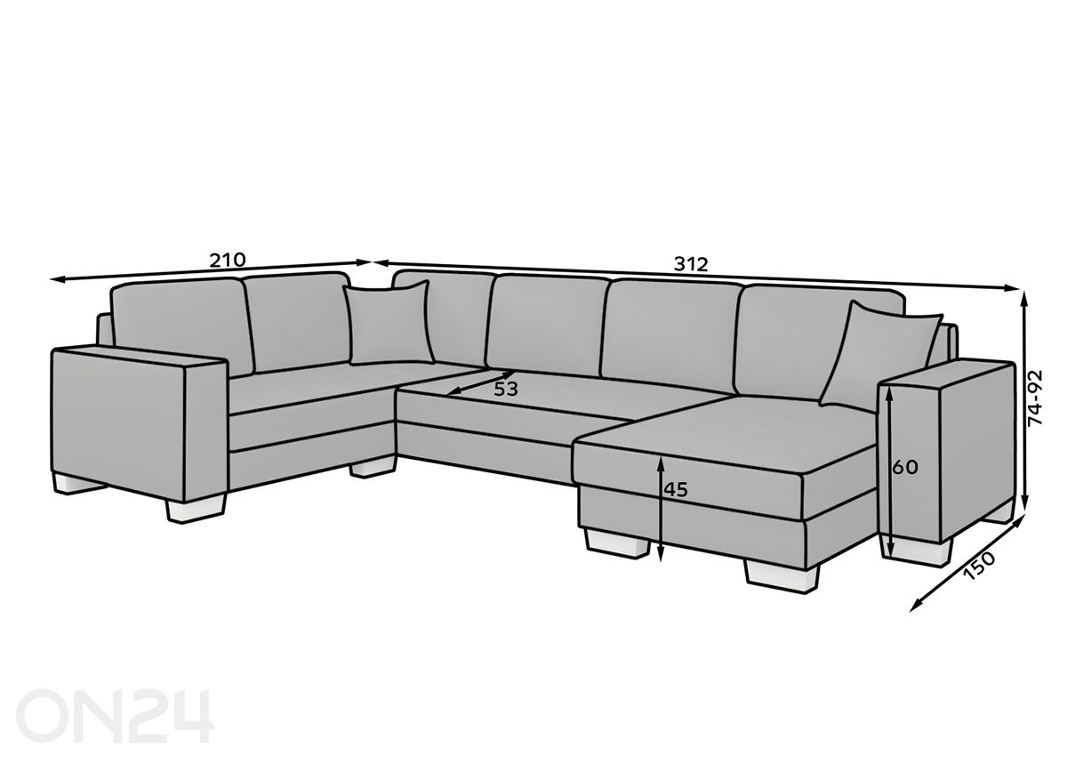 Kulmavuodesohva vuodevaatelaatikolla kuvasuurennos mitat