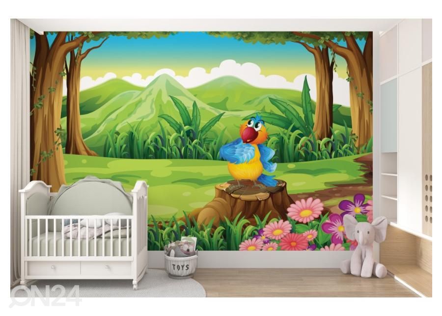 Kuvatapetti Colorful parrot above the stump in the jungle 368x254 cm kuvasuurennos