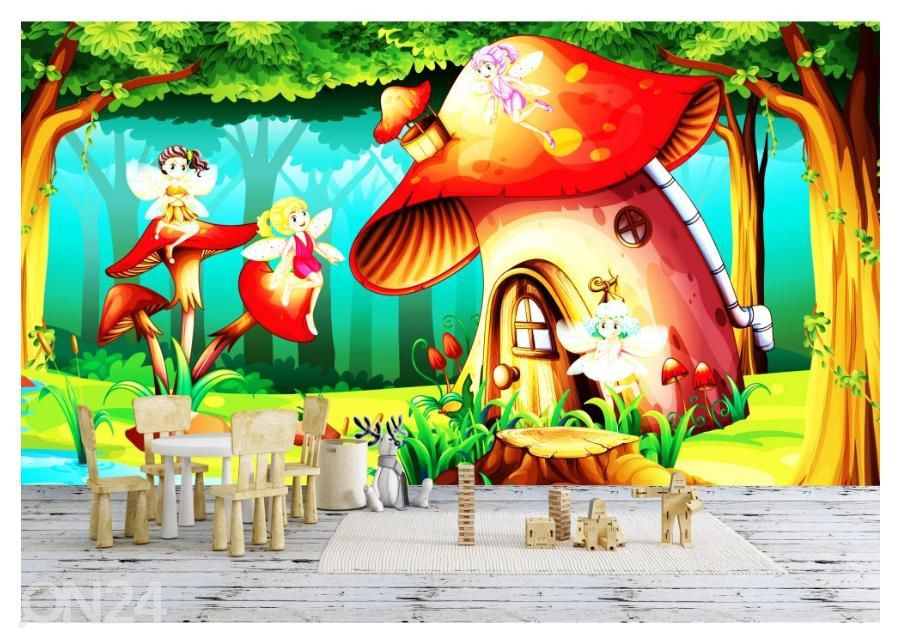 Kuvatapetti Fairies flying around a mushroom house 400x260 cm kuvasuurennos