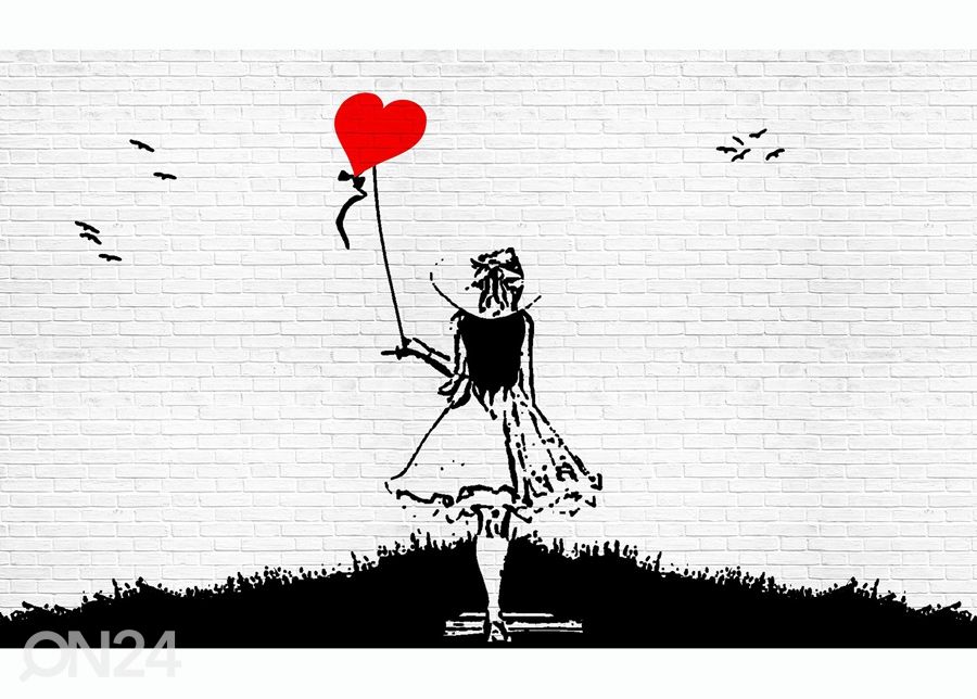 Kuvatapetti lack And White Brick Wall Graffiti Girl With Balloon 312x219 cm kuvasuurennos